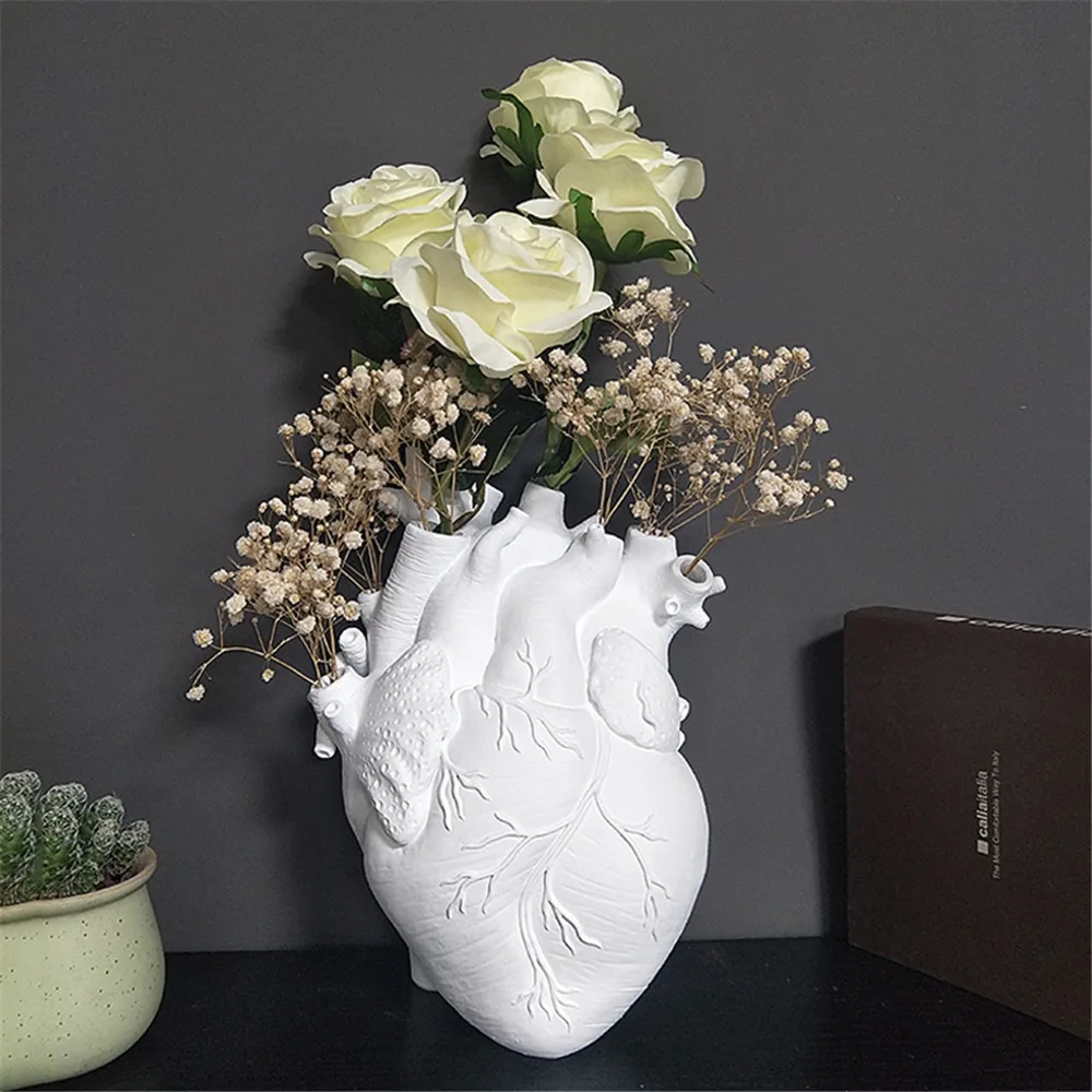 Vase blanc en résine d'anatomie, pot de fleur en forme de cœur, sculpture, pot de fleur, décoration de maison, design artistique