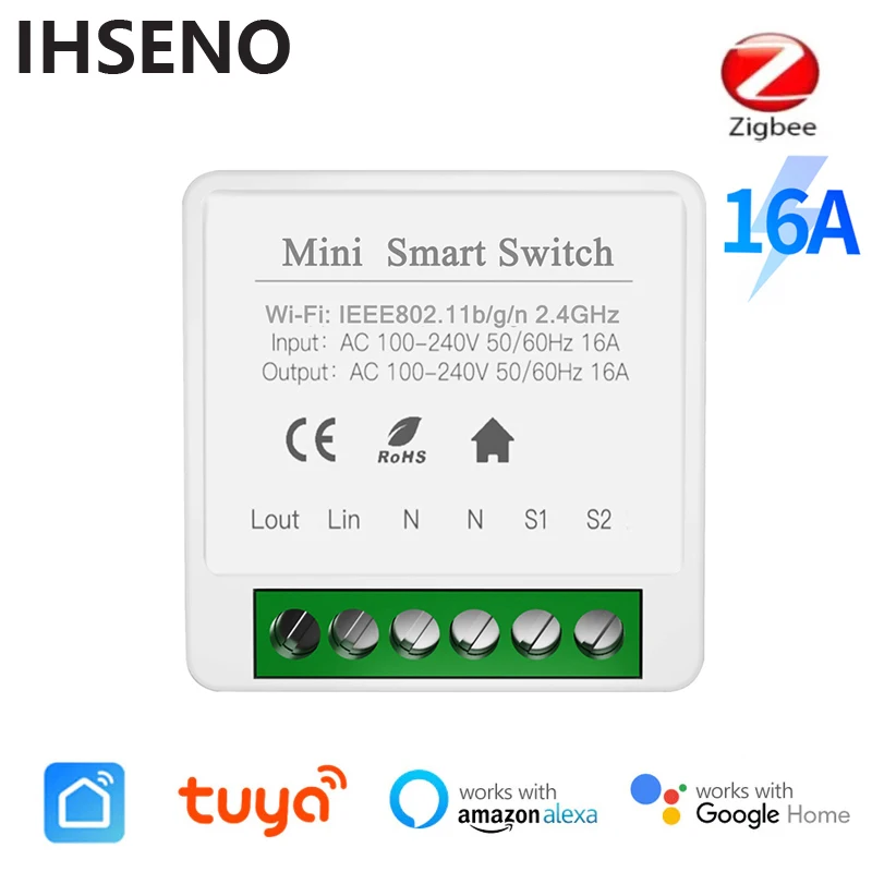 IHSENO 16A Zigbee 3.0 DIY Mini Switch Tuya Smart Life Timing Wireless Control Relay Automation Work Alexa Google Home smart switch smart switch module