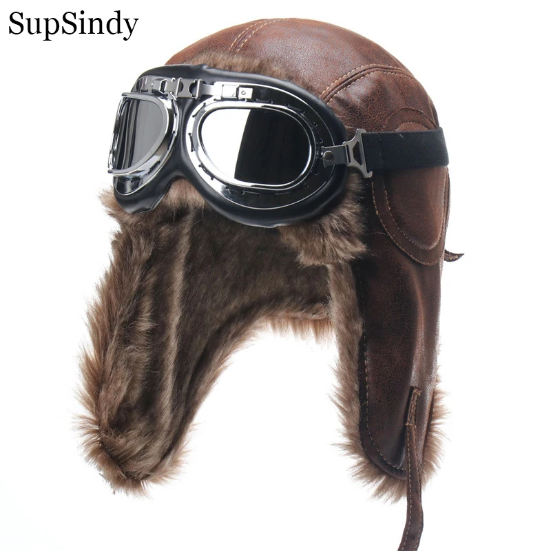 

SupSindy Men Winter Bomber Hat With Goggles Outdoor Motorcycle Windproof Warm Faux Fur Pilot Earflap Hat Leather Thermal Ushanka