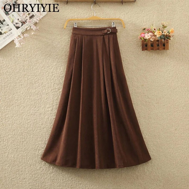 

OHRYIYIE Solid Color Long Corduroy Skirt Women Autumn Winter Elastic High Waist Velvet A-Line Skirt Female Fall Skirt With Belt