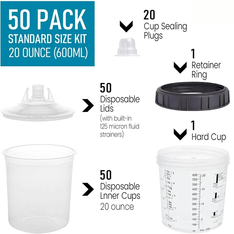 A98E-Paint Sprayer Mixing Cup,1.0 System(Not 2.0)-50Pcs 20 Ounce Kit -50 Cup Liners,50 Lids With Strainer,1 Hard Cup,20 Plugs