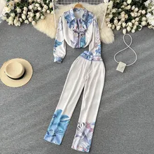

2022 Spring New Light Cooked Versatile Fashion 2 Piece Set Elegant Goddess Fan Printed Shirt Casual Pants Women's Clothing