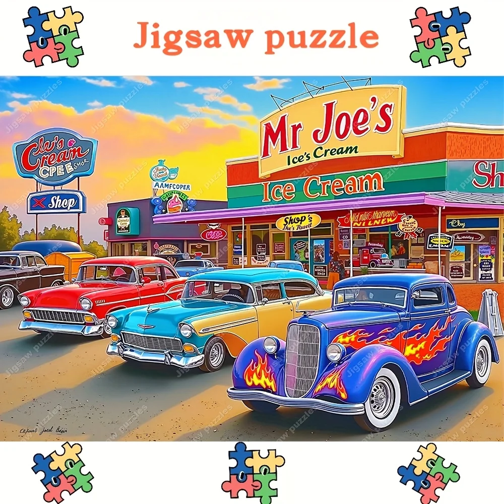 2000/1314/1000/520pcs Jigsaw Puzzles - Vintage Ice Cream Shop & Classic Cars Retro Design, Challenging Adult Puzzle with Vibra