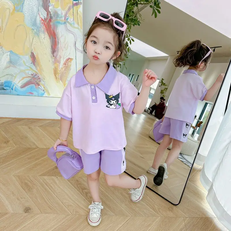 

Girly Heart Kuromi Anime Kawaii Sanrio Summer Short-Sleeved Sports Cloth Children Fashion Cute Shirt Pants Two-Piece Set Gifts