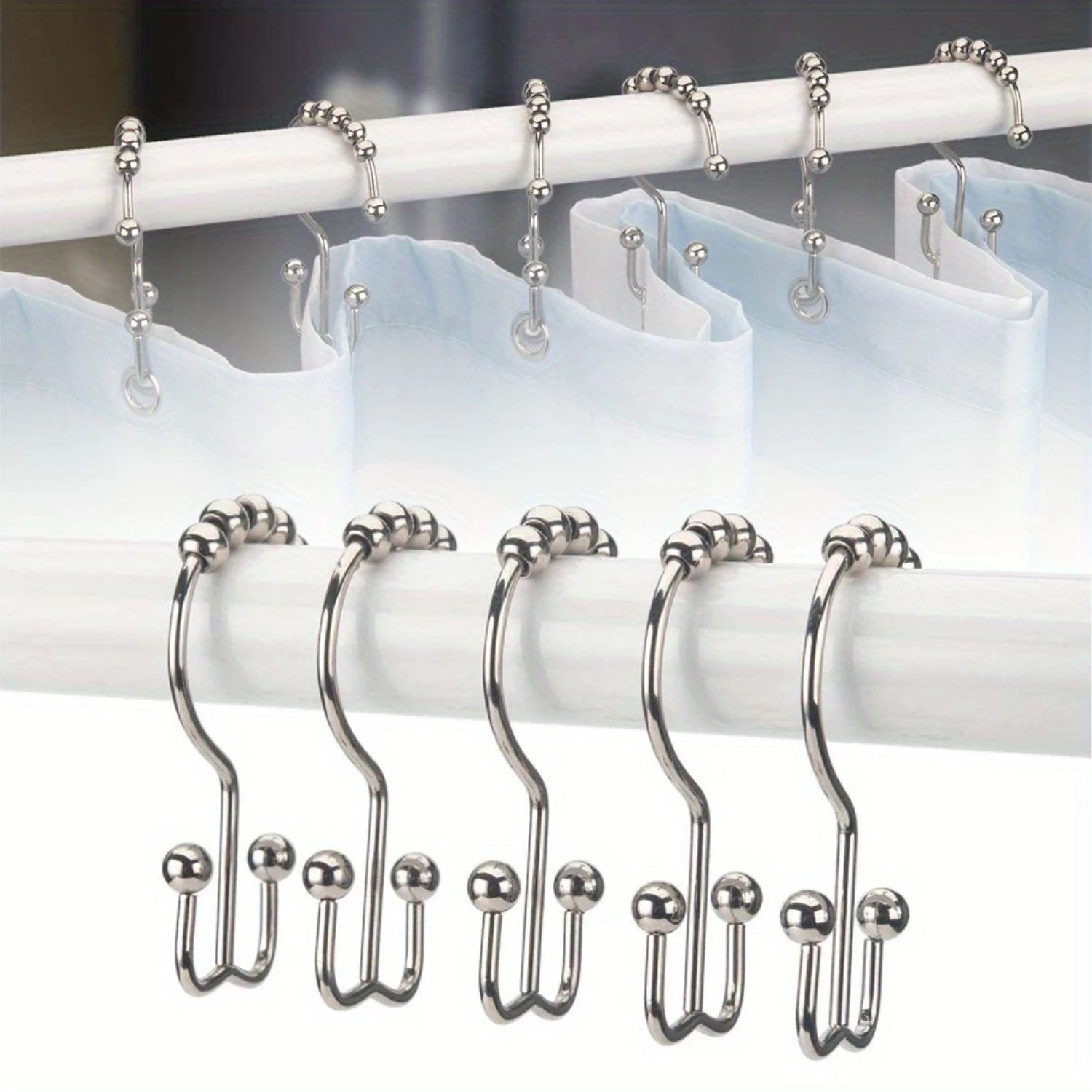 5pcs Stainless Steel Double Glide Shower Curtain , Rust-Resistant Bead Roller Shower Rings, For Bathroom Curtain, Heavy-Duty, Ea