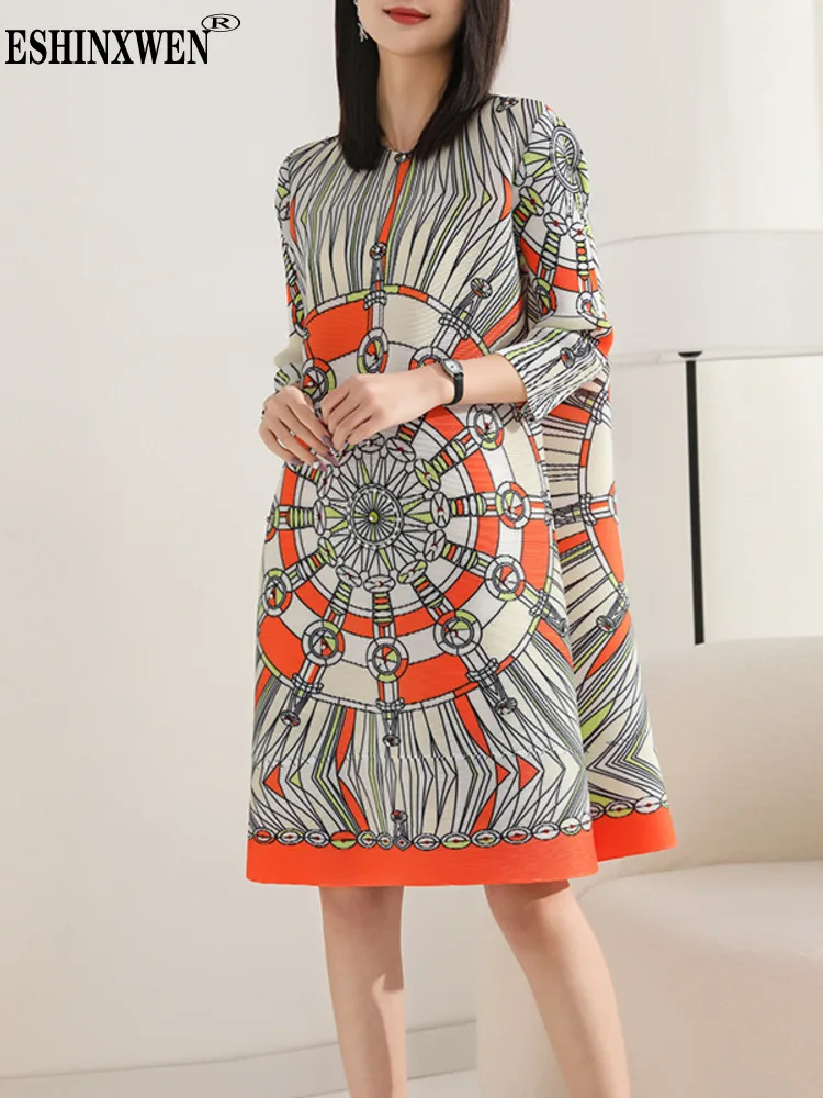 

Eshin Women Round Collar Loose Waist Three Quarter Sleeve Printing Pleated Dress 2023 Autumn Fashion Female New Dresses TH1738