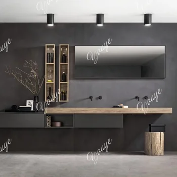 ตู้ห้องน้ำติดผนังแบบคู่สไตล์กลางศตวรรษ: ไม้โอ๊ค/วอลนัท พร้อมท็อปหินอ่อนหรูหราและอ่างล้างหน้าแบบฝังใต้เคาน์เตอร์ - ห้องน้ำสไตล์เรโทร 1