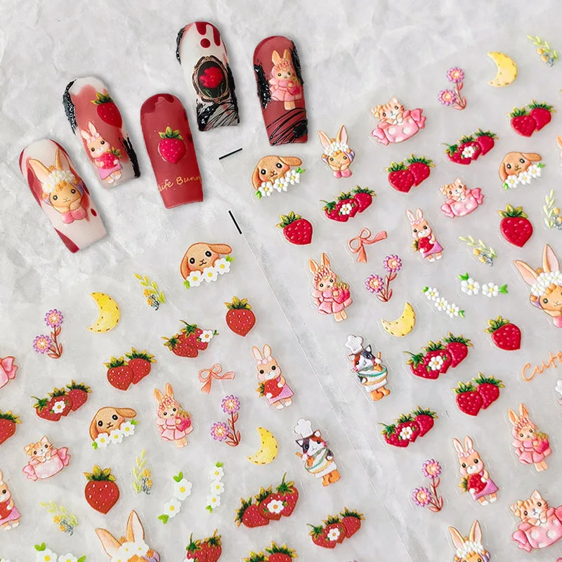 

Cute Cartoon Strawberry Rabbit 5D Embossed Reliefs Self Adhesive Nail Art Stickers Lovely Bunny 3D Manicure Decals Wholesale