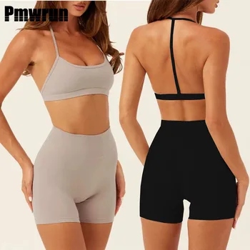 PMWRUN Women's Yoga Set Thin Strap Open Back Bra High Waisted Shorts Flare Pants Soft Stretchy For Gym Yoga Pilates Workout Wear