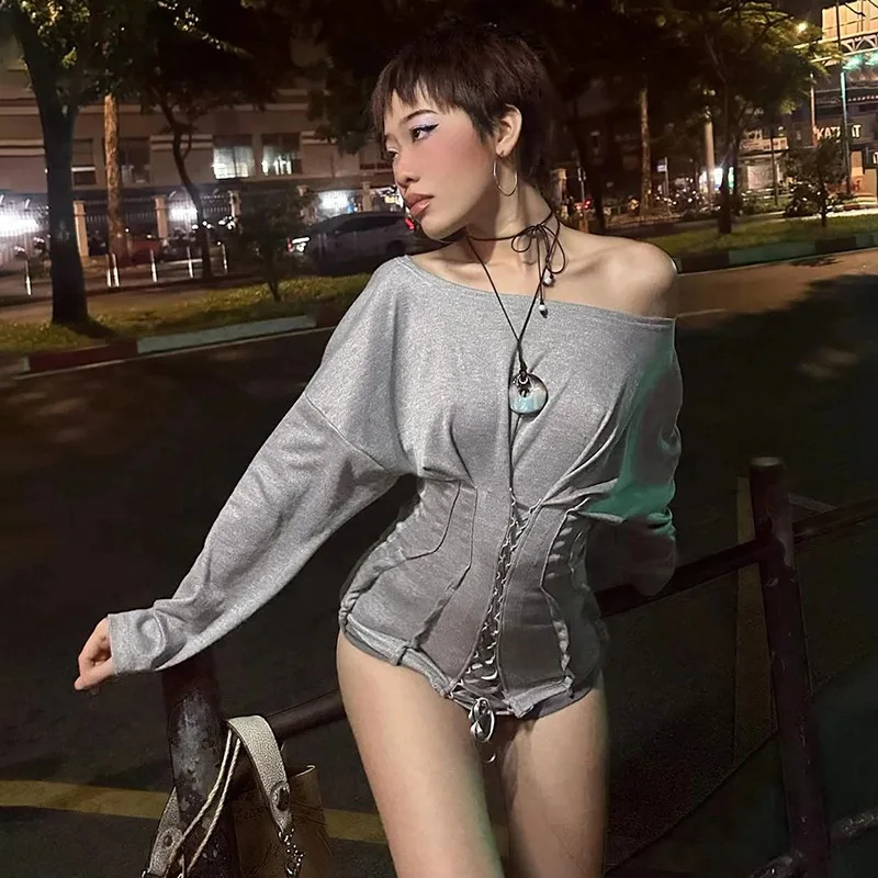 N2025 Casual Fashion T-Shirts Woman Skew Collar Off Shoulder Full Sleeve Drawstring Design Daily Simple Versatile Style Tops