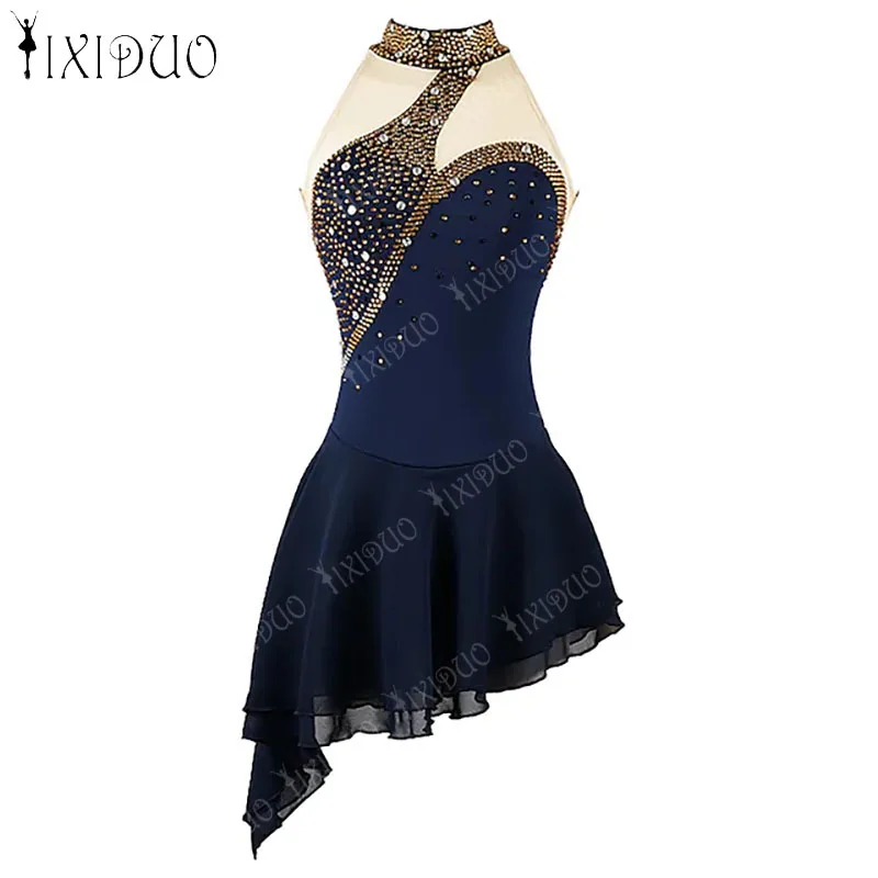 

Sequins Figure Skating Dress Women's Girls Rhinestone Mesh Skirted Ballet Gymnastics Leotard Dress Ballroom Competition Costumes