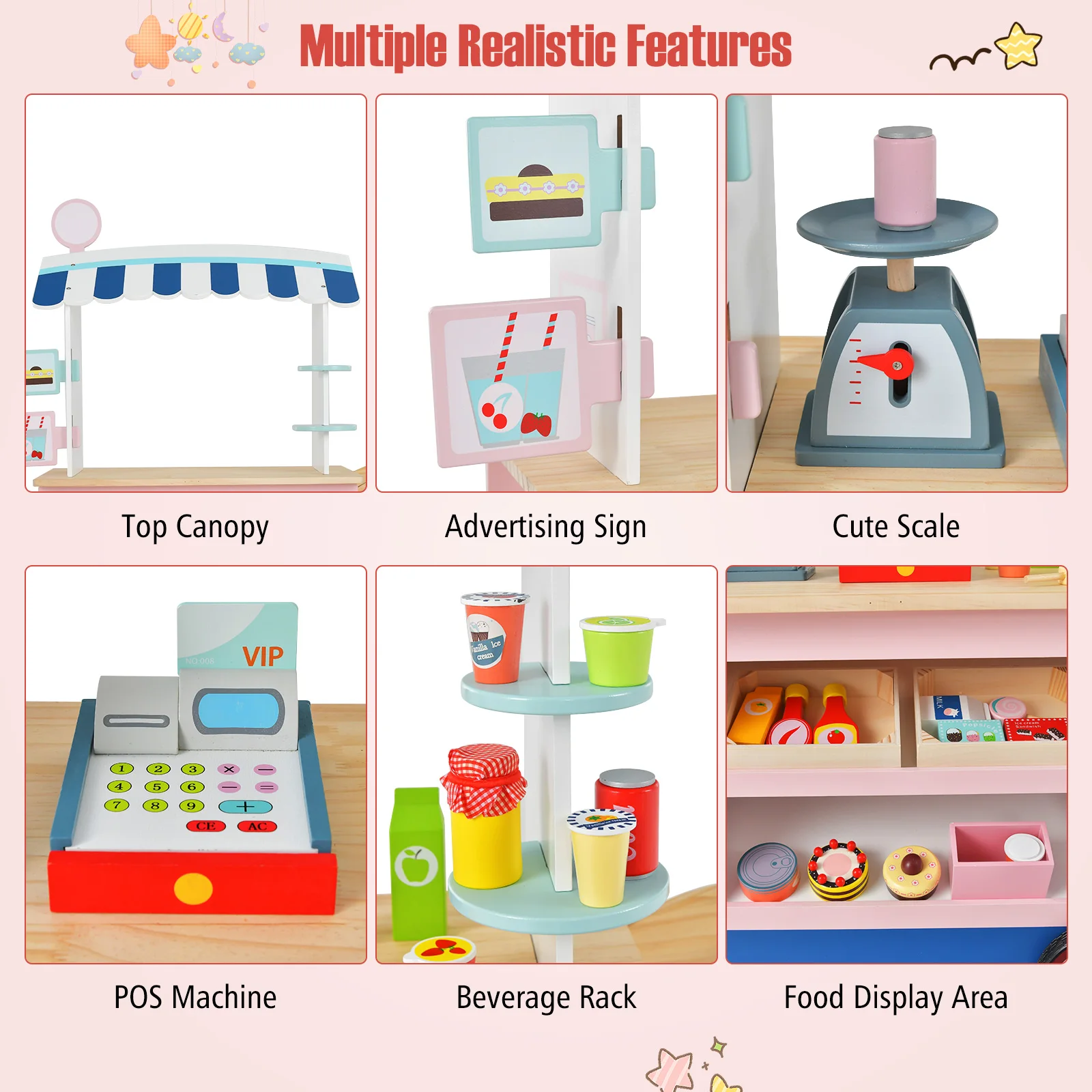 Kids Snacks & Sweets Food Cart Kids Toy Cart Play Set w/ 30 PCS Accessories 6