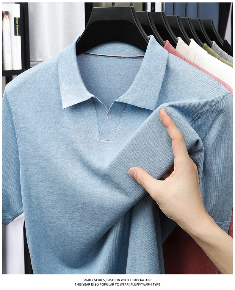100% Lyocell Knitwear 2025 Men Spring Summer Trendy Turn Down Collar Knit Tees Short Sleeve Breathable Knit Tops