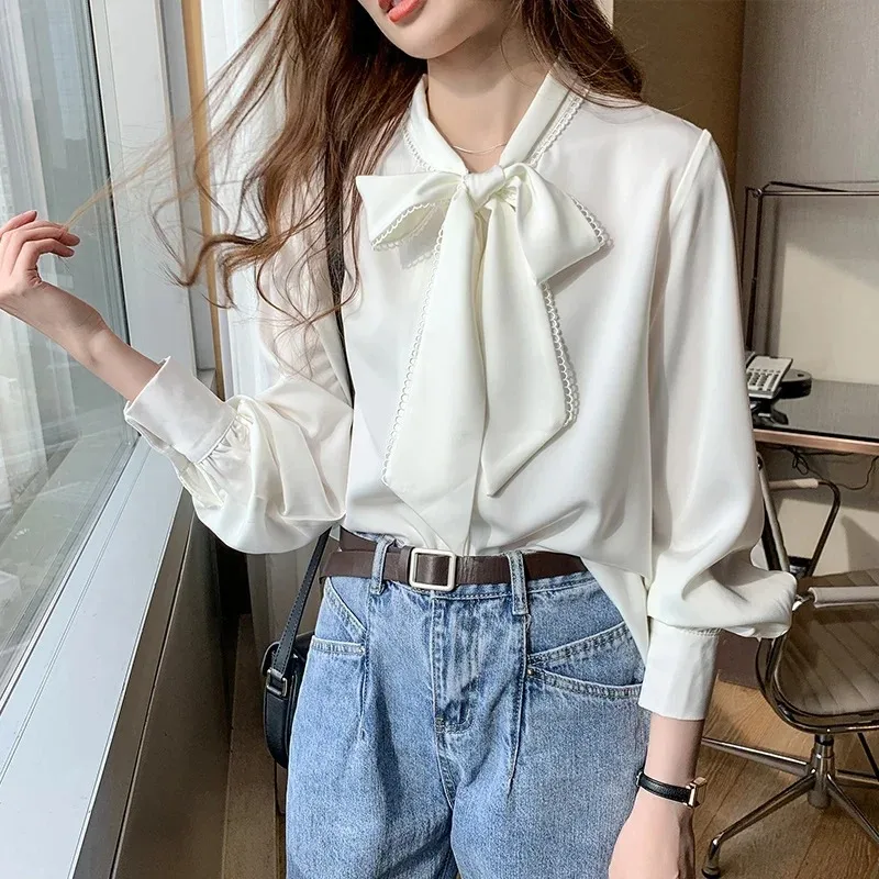 Women's Long Sleeve Chiffon Blouse with Bow Shirt Loose Tops Office Lady Elegant Clothes Fashion Spring Autumn 10691