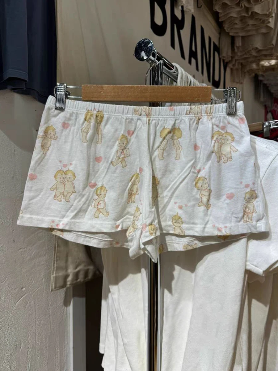 Angel Baby Heart Print T-shirt Shorts Set Woman Short Sleeve Tee+Straight Sweatshorts Sweet Cute Cotton Home Pajama 2 Piece Sets 5