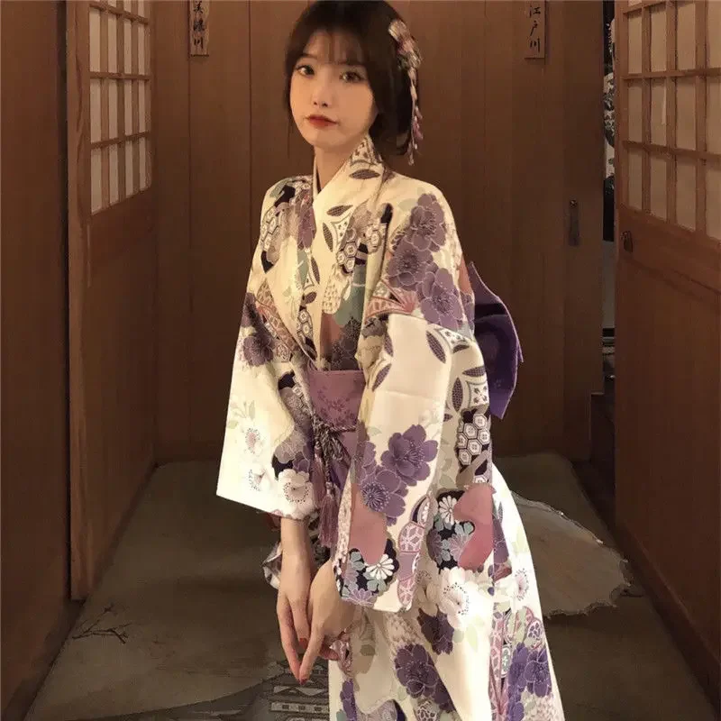 Fashion National Trends Women Sexy Kimono Yukata Dress With Obi Novelty Evening Dress Japanese Cosplay Costume Floral One Size