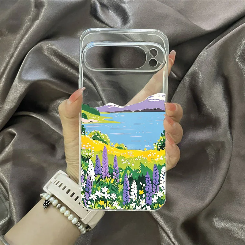 Anime Cityscape Transparent Phone Case with Pink Sunset TPU Cover