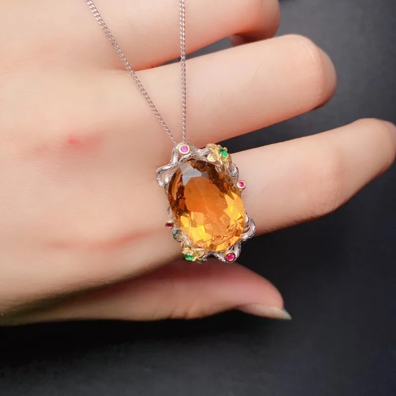 천연 브라질 황수정 스톤 펜던트, 실버 925 달린 참, 데일리 웨어 파인 주얼리, 빅 사이즈, 13x18mm