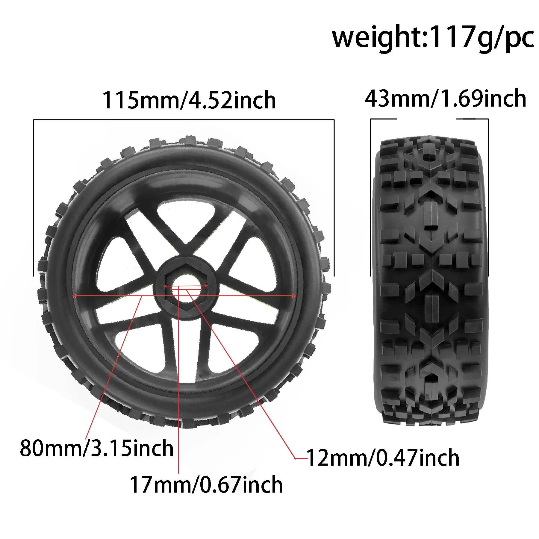 RC 1/8 Bereifung und Felgen aus Gummi - 4er-Set - 115 mm