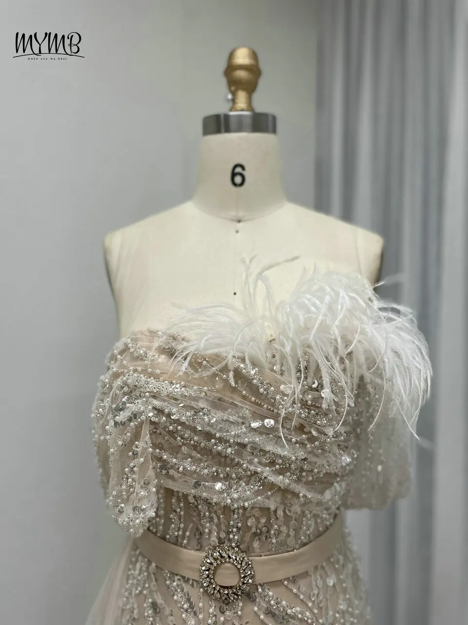 MYMB Elfenbein Atemberaubendes schulterfreies Meerjungfrau-Brautkleid mit Perlen und Federn De Novia Arabisch Exklusive Abendkleider für Frauenparty – Detail 12