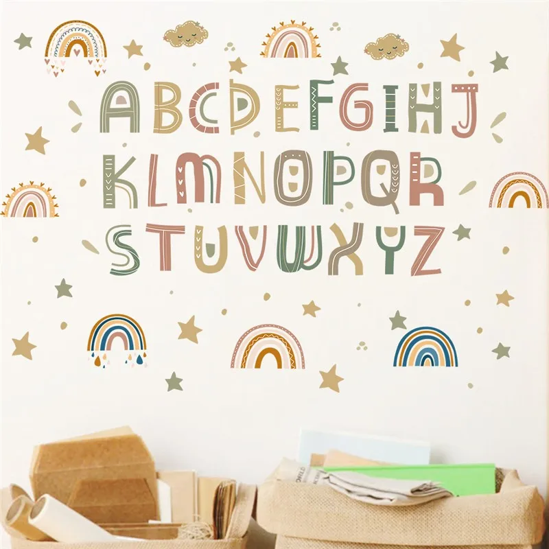 

Cartoon English Letters Cloud Rainbow Wall Stickers For Kids Bedroom Decoration Alphabet Mural Art Diy Home Decal Nursery Poster