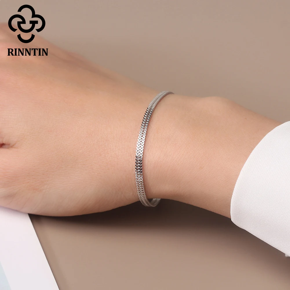 Rinntin 925 Sterling Silver 2.8mm Flat Mesh Chain Bracelets Hight-Quality Bangle Chain Simple Women Men Daily Accessories SB216 - Image 5