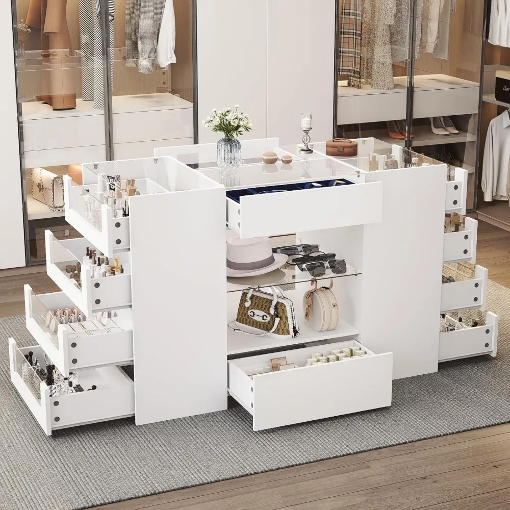 Closet Island with Drawers, Wardrobe Armoire Bedroom Island, Glass Display Shelf & 12 Drawers, White Dresser with Glass Top, Wal 3