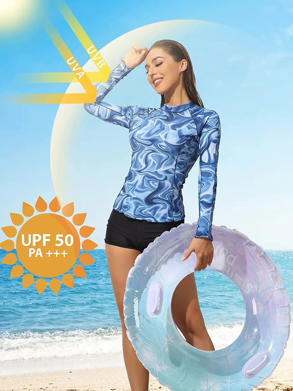 Rash Guard Women Quick Dry Breathable Wave Print Surfing Tops UPF 50+ Crew Neck Long Sleeves
