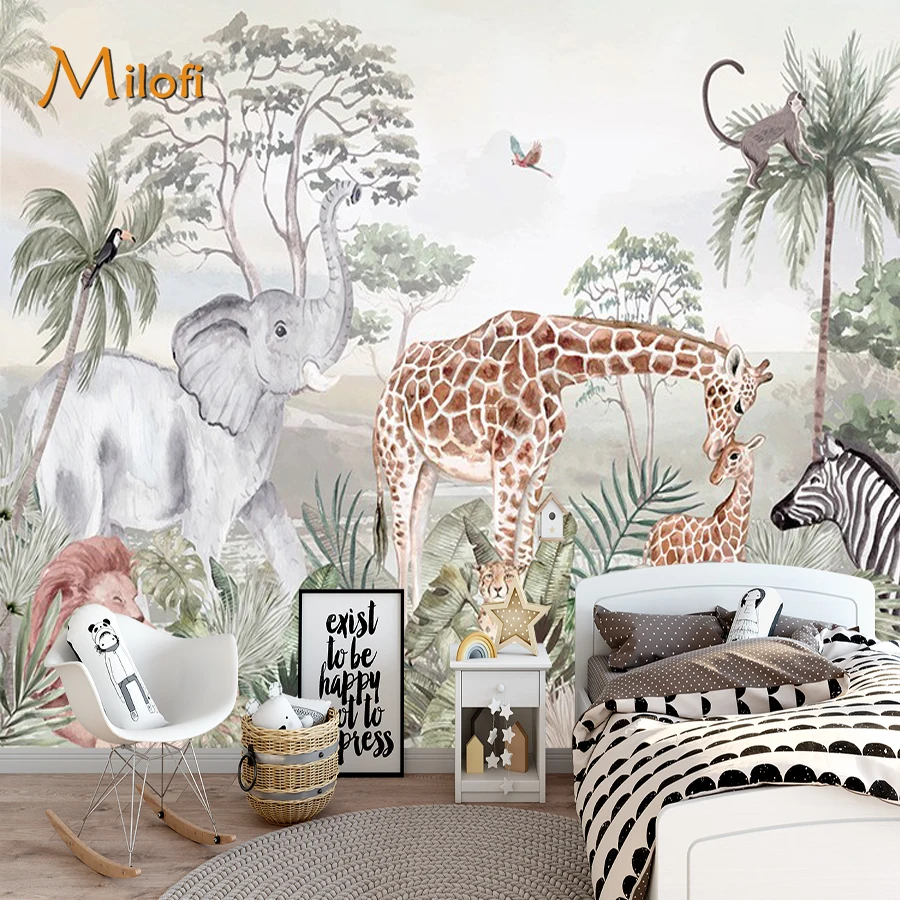 Milofi Personalizado 3d Papel de Parede Auto-adesivo Pintados à Mão Murais do Sudeste Asiático Floresta Tropical Animais Girafa Sala de Estar