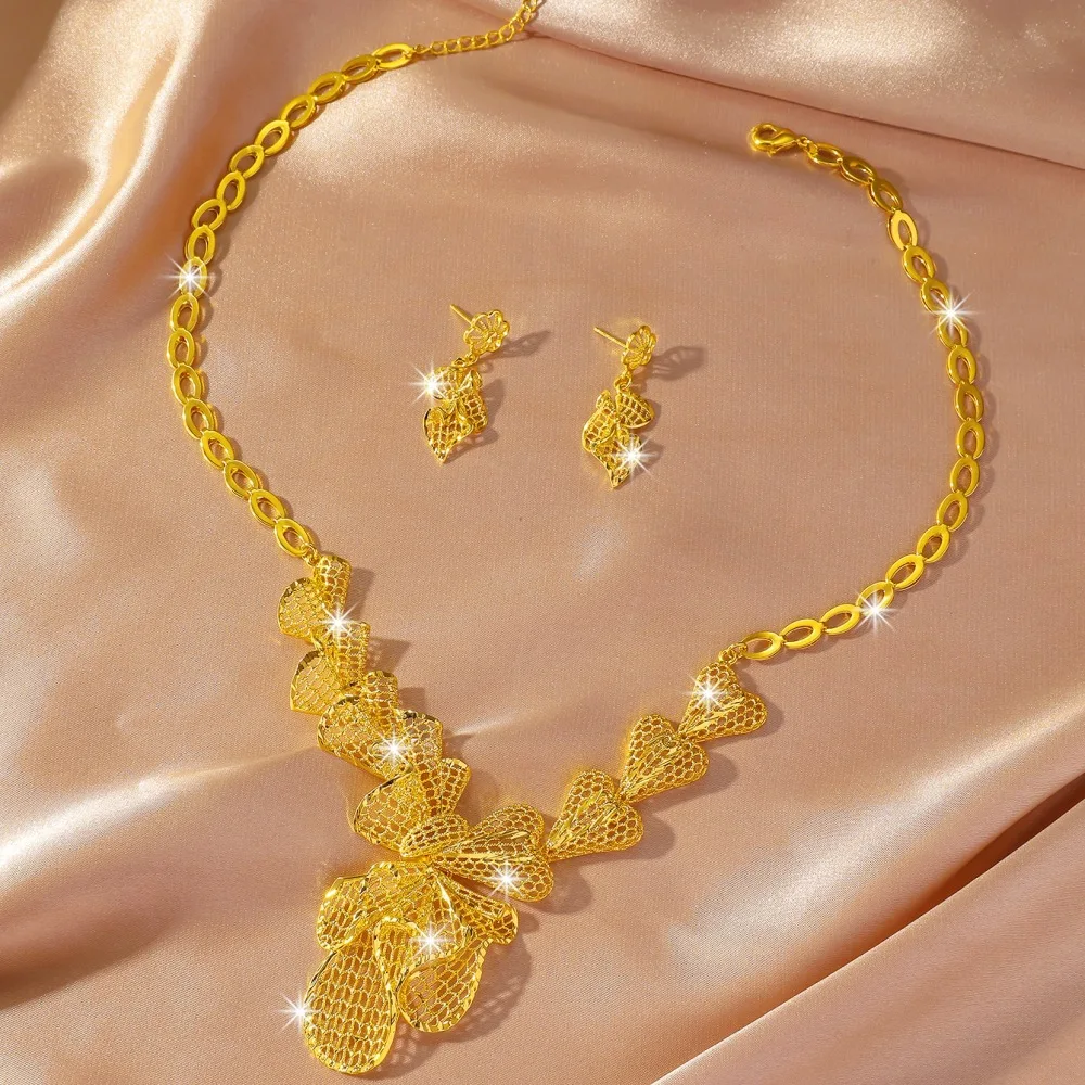 Middle East Cross-border Bride Unique Flowers 24K 9999 Real Gold Necklace Women's Earring Set Light Luxury Wedding Set Chain