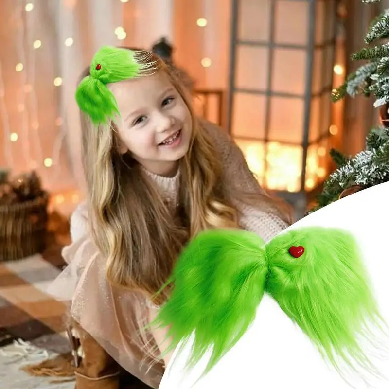Green Bows Red Heart Green Furry Bow Clip Christmas Tree Decorations Holiday Hair Accessories For Hair Styling