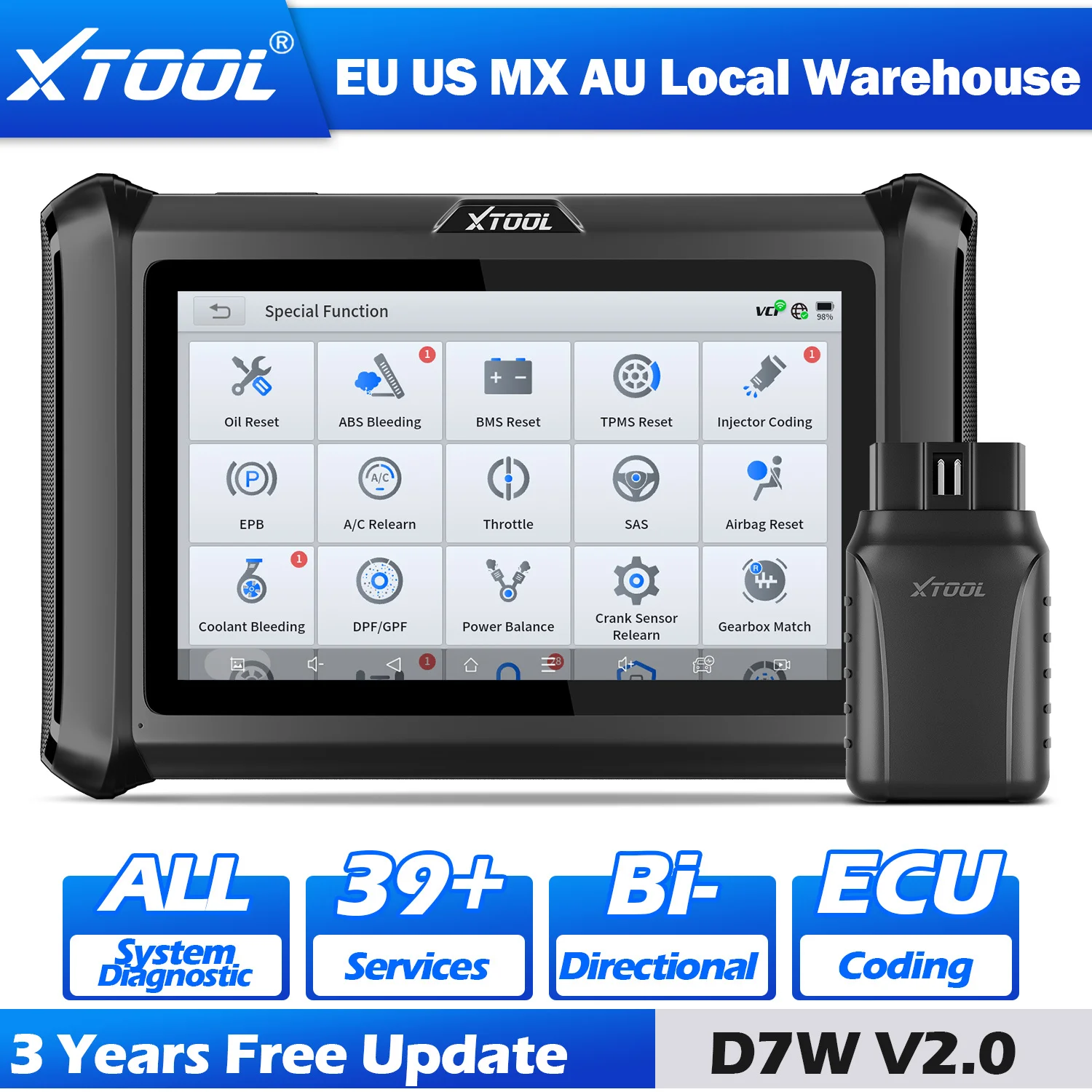 2026 XTOOL D7W OBD2 Scanner Bluetooth Car Diagnostic Tool ECU Coding Key Program FCA FD DOIP Automotivo OBD 2 Scanner 39+ Reset