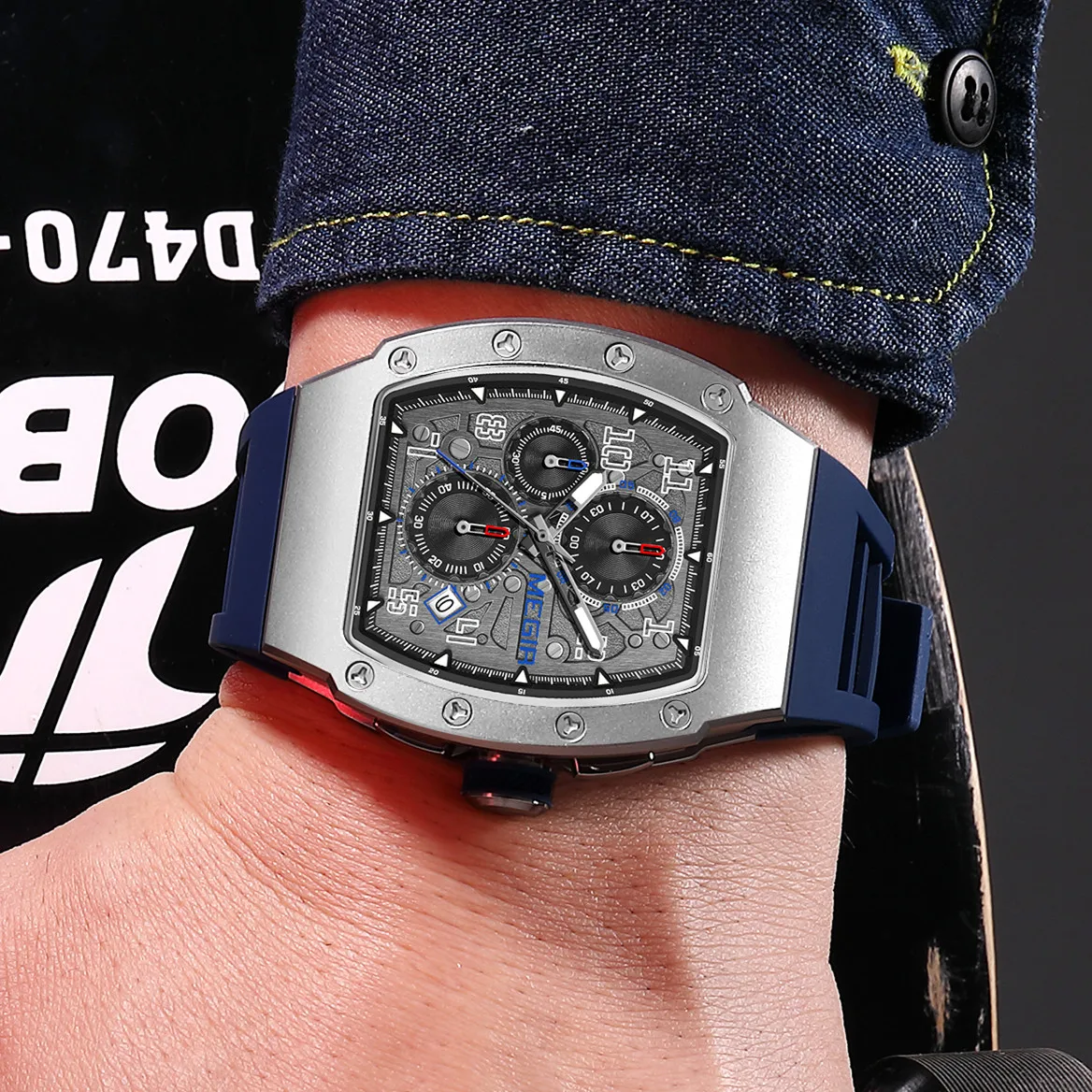 Kuvars Erkekler Lüks Silikon Spor Askeri Bilek Kronograf Su Geçirmez Tarih Saat_voghion.com