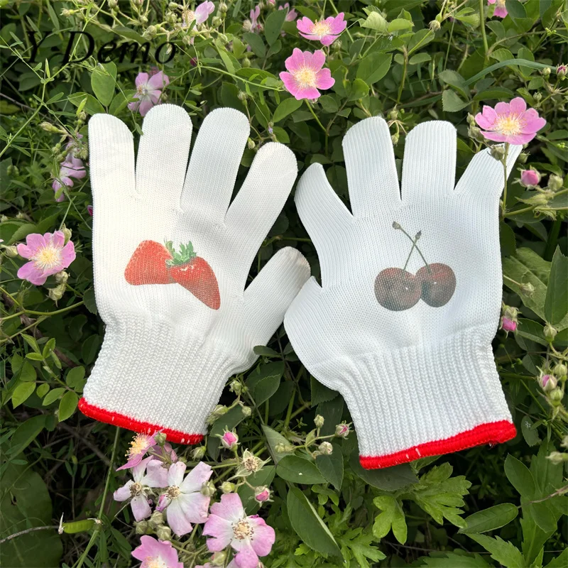 

Y Demo Cute Cherry Fruit Printing Women Finger Gloves Outerdoor Garden Glove