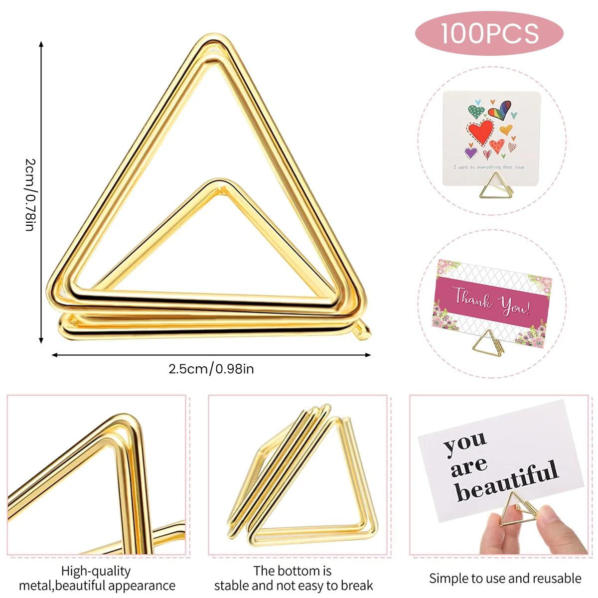 100Pcs Table Card Holder Triangle Shape Card Stand Clip Metal Table Number Holders Place for Wedding Party Office Desk