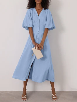 Marthaqiqi Casual Women'S Sleepwear Sexy V-Neck Nightgowns Short Sleeve Nightwear Ankle-Length Dress Cotton Home Clothes Ladies