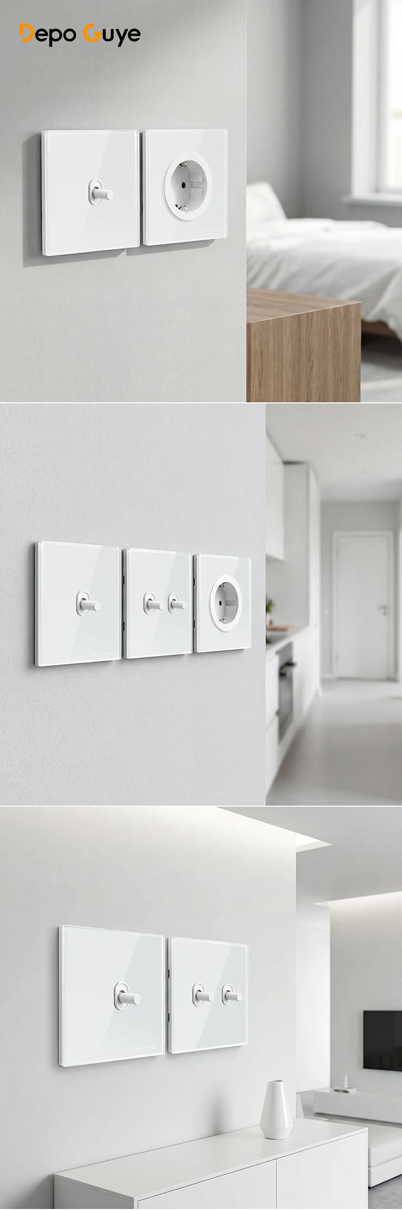 Wall Toggle Light Switch EU FR Standard White Glass Panel European Power Socket S4988dad6c4884027992e7260561d03d77