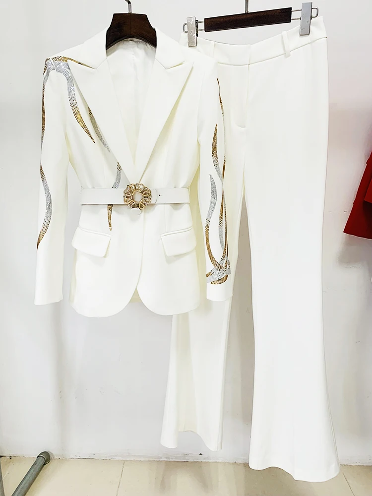 

HIGH STREET Newest Fashion 2023 Designer Runway Suit Set Women's Colorful Diamonds Belted Blazer Flare Pants Suit 2pcs