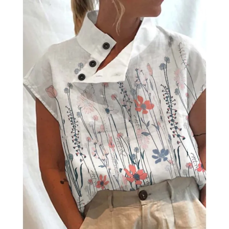 

Top For Women Casual Gothic Printed T-shirt Women's Fashion Button Open Collar Short Sleeve Shirt Female Loose Tops 2023