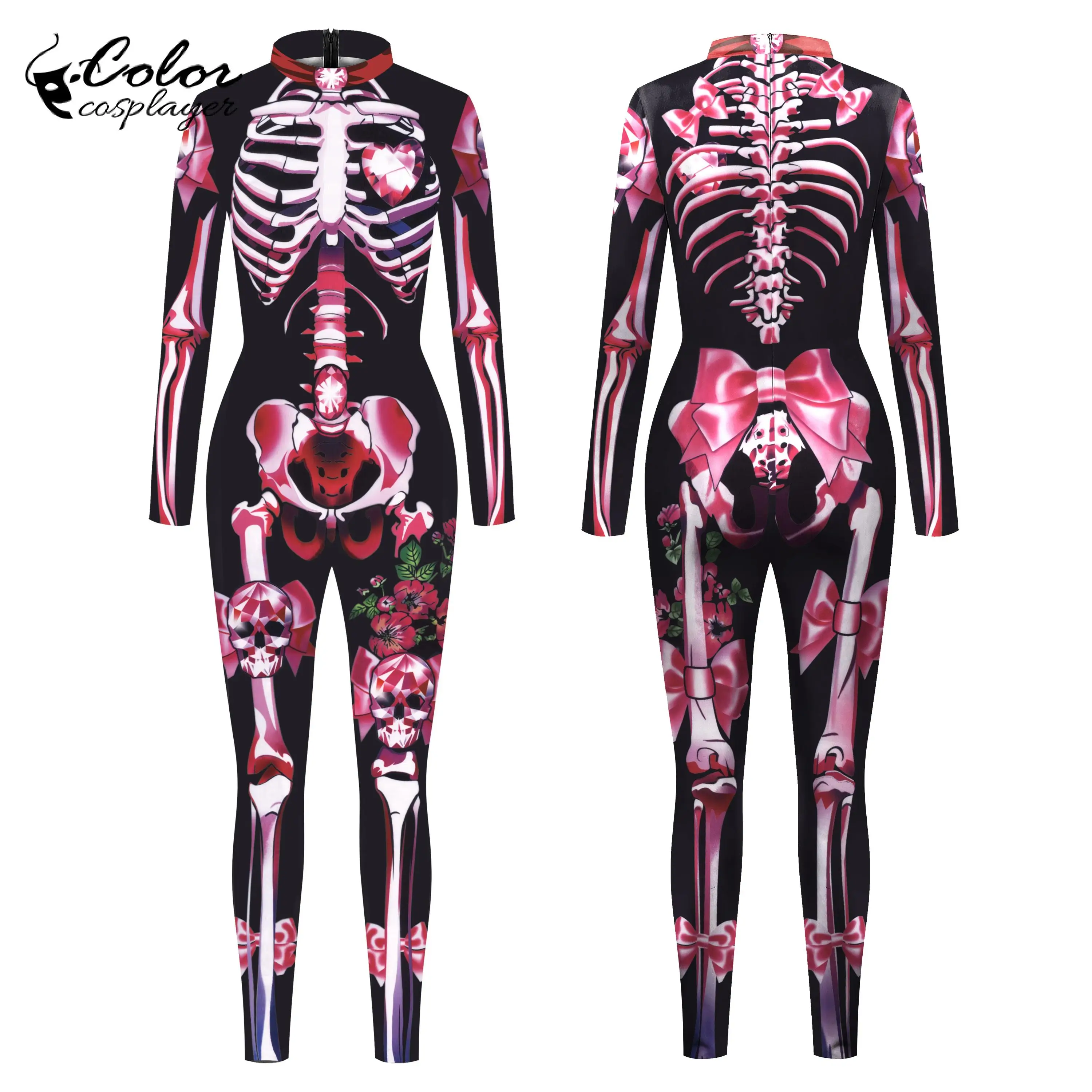 Color Cosplayer Halloween Party Jumpsuit Gothic Performance 3D Printed Costume Zentai Cosplay Zipper Spandex Catsuit Bodysuit