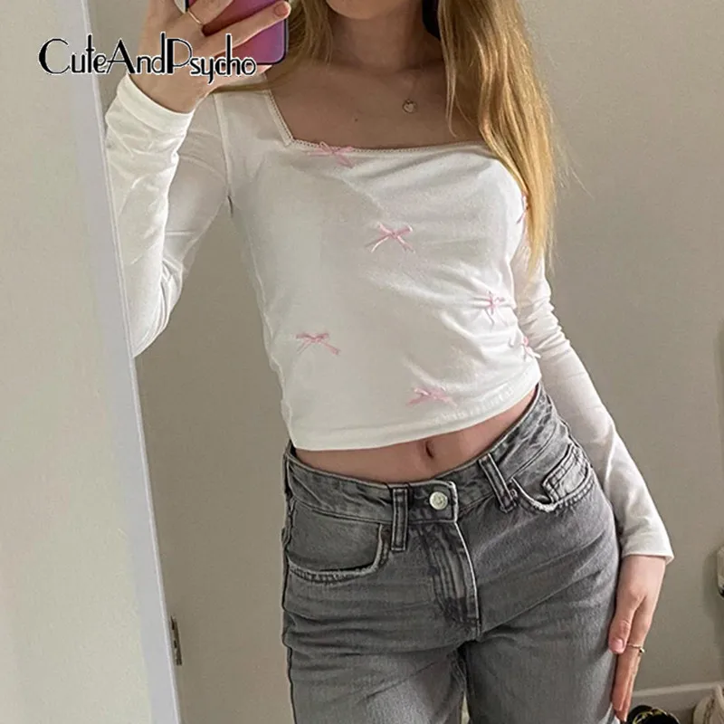 

Милые укороченные топы cuteandпсихоз с бантом, шикарные Футболки с длинным рукавом и квадратным воротником, винтажная эстетичная уличная одежда, однотонные повседневные пуловеры