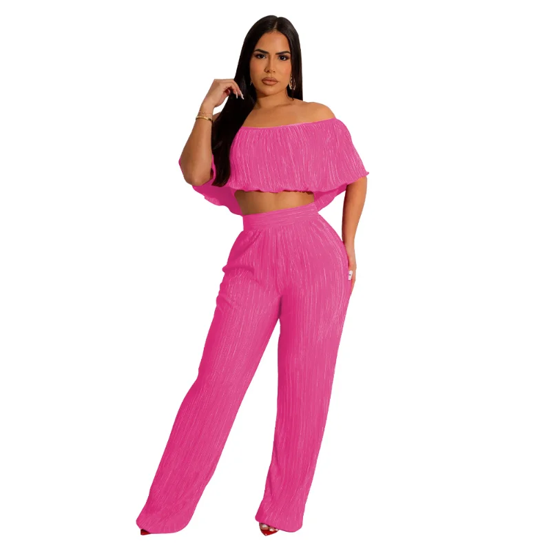 

Solid Pleat Women's Pants Set Sexy Off Shoulder Butterfly Sleeve Crop Top & High Waist Wide Leg Pants 2023 Two Piece Set