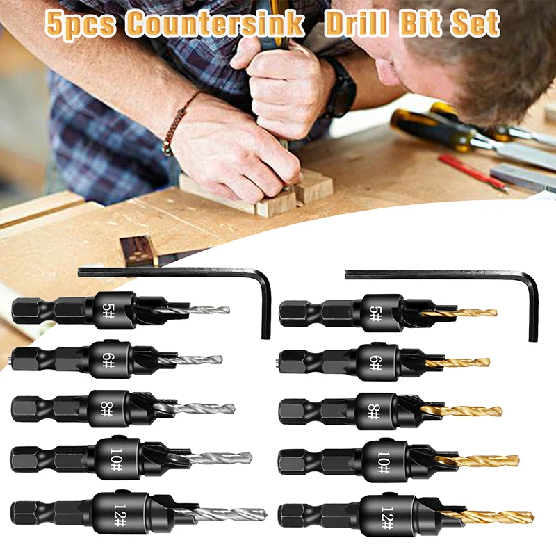 

5pcs/set Woodworking Countersunk Drill Bit Drilling Pilot Holes with Hexagonal Handle for Screw Sizes #5 #6 #8 #10 #12