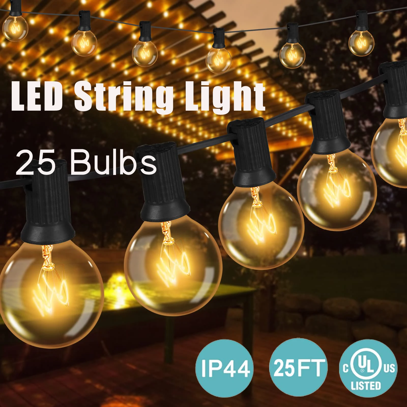 25Ft G40 Globe Bulb String Lights with 25 Glass Vintage Bulb Outdoor Patio Garden Garland Decorative Fairy Christmas lights