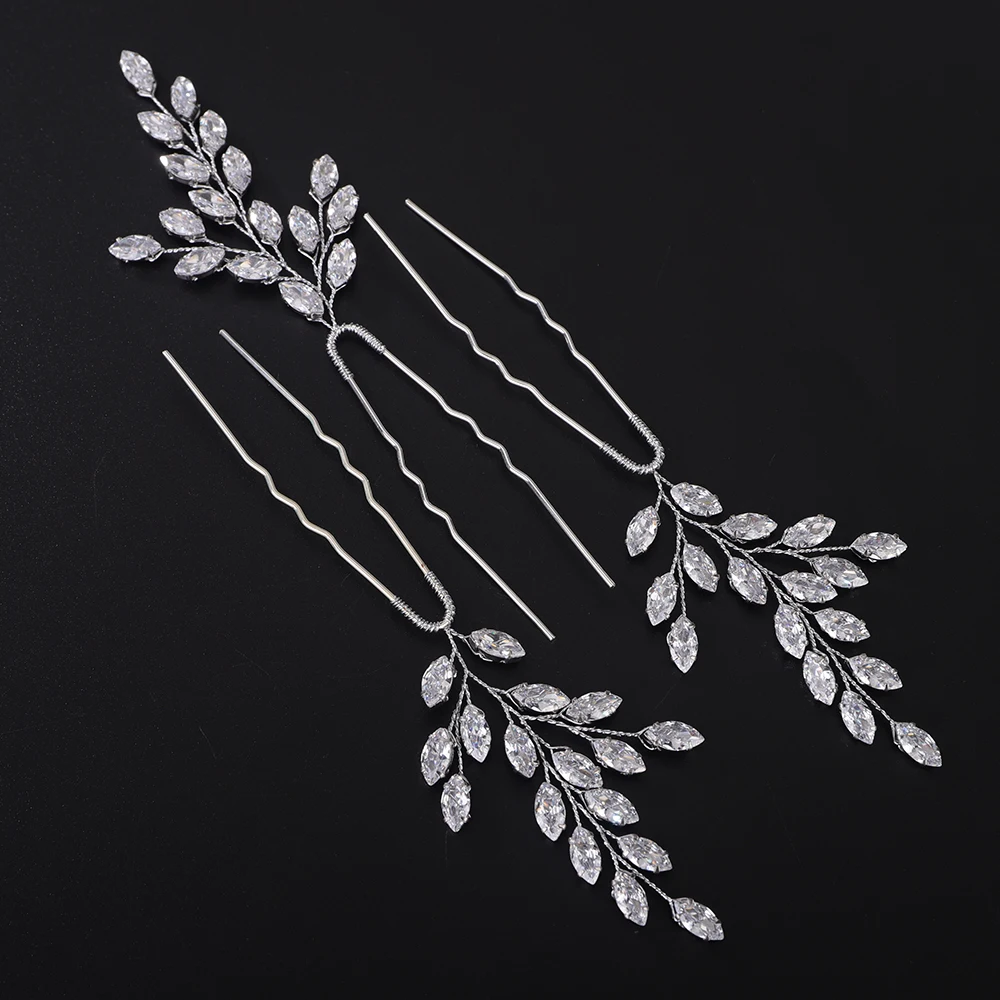 3PCS Wedding Zircon Hair Pins Silver Women Hair Piece Rhinestone Gold Clip Bridal Bride Accessories Trendy Ornaments