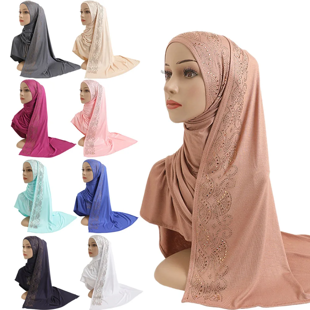 Moslim Vrouwen Strass Katoenen Jersey Lange Sjaal Strass Hoofddoek Islamitische Hijab Hoofd Wrap Arabisch Effen Pashmina|Islamitische Kleding| AliExpress