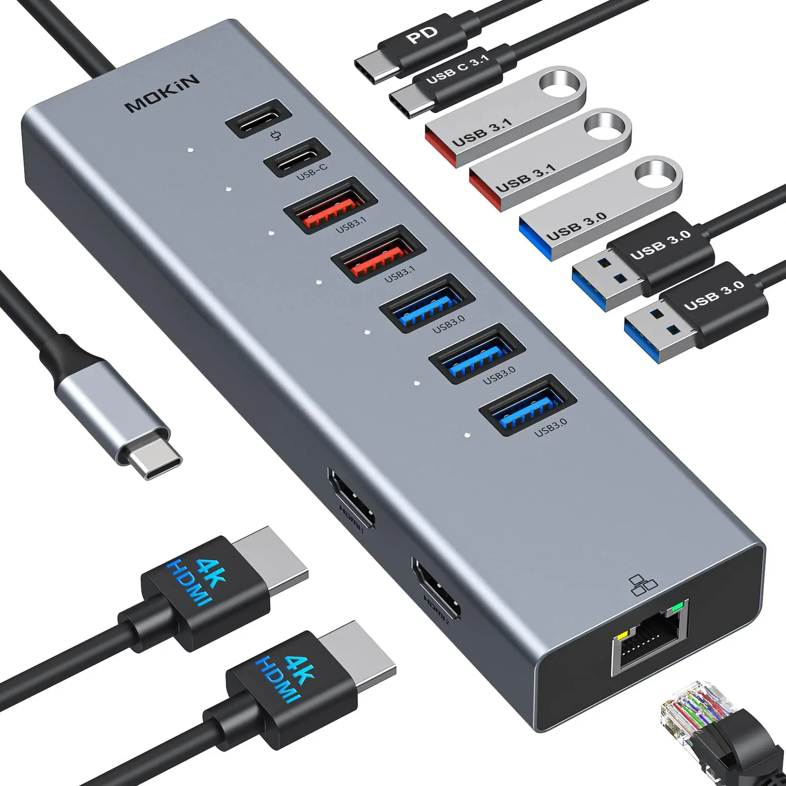 USB C Docking Station Dual Monitor, 10 in 1 Laptop Docking Station USB C  Hub Dual HDMI Adapter, USB Dongle with 2 HDMI, Ethernet