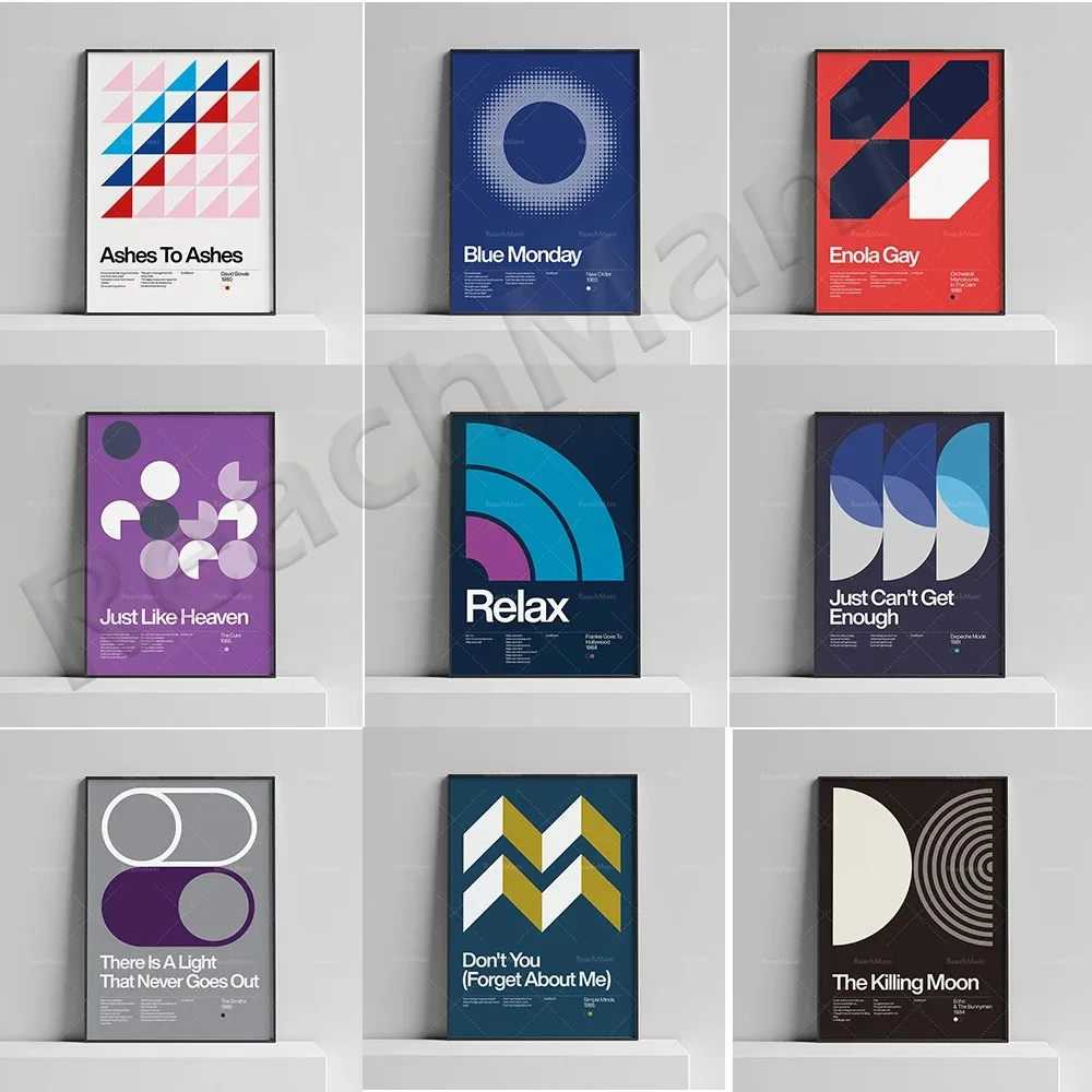 New Wave Poster Siamo Robot-Kraftwerk 1978, Love Will Tear Us Apart-Joy Division 1980, New Wave Songs Simple Swiss Graphic Des