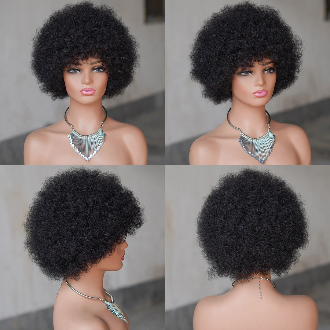 Glueless Afro Kinky Curly Wig Human Hair for Women Short Fluffy Curly Wigs Human Hair Pixie Cut Afro Wig for Black Women