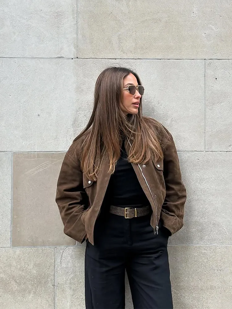 Vintage Women Suede Bomber Jacket Stand Zipper Pocket Street Coat Female 2025 Spring Casual Full Sleeve Commute Ladies Outerwear